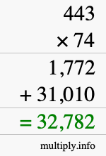 How to calculate 443 times 74 using long multiplication