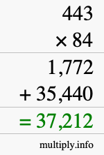 How to calculate 443 times 84 using long multiplication