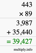 How to calculate 443 times 89 using long multiplication