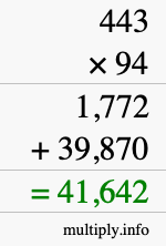 How to calculate 443 times 94 using long multiplication