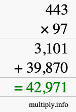 How to calculate 443 times 97 using long multiplication