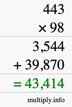 How to calculate 443 times 98 using long multiplication
