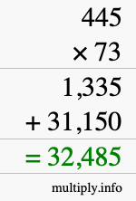 How to calculate 445 times 73 using long multiplication