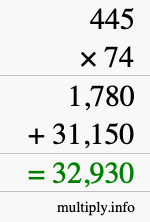 How to calculate 445 times 74 using long multiplication