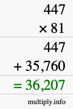 How to calculate 447 times 81 using long multiplication