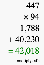 How to calculate 447 times 94 using long multiplication