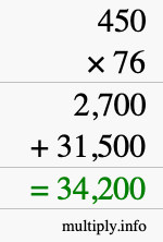 How to calculate 450 times 76 using long multiplication