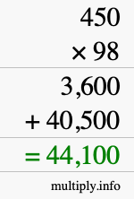 How to calculate 450 times 98 using long multiplication