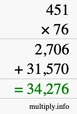 How to calculate 451 times 76 using long multiplication