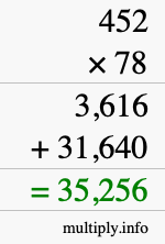 How to calculate 452 times 78 using long multiplication