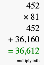 How to calculate 452 times 81 using long multiplication