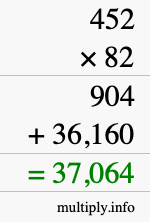 How to calculate 452 times 82 using long multiplication