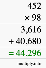 How to calculate 452 times 98 using long multiplication