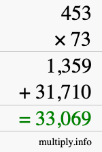 How to calculate 453 times 73 using long multiplication