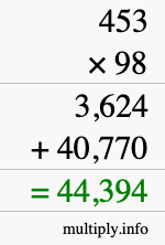 How to calculate 453 times 98 using long multiplication