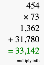 How to calculate 454 times 73 using long multiplication