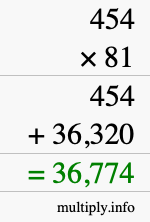 How to calculate 454 times 81 using long multiplication