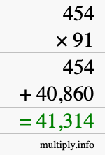 How to calculate 454 times 91 using long multiplication