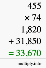 How to calculate 455 times 74 using long multiplication