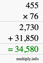 How to calculate 455 times 76 using long multiplication