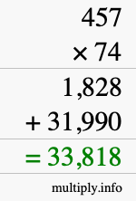 How to calculate 457 times 74 using long multiplication