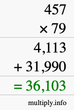 How to calculate 457 times 79 using long multiplication