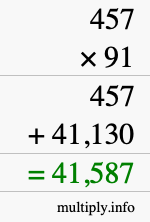 How to calculate 457 times 91 using long multiplication