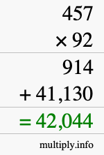 How to calculate 457 times 92 using long multiplication
