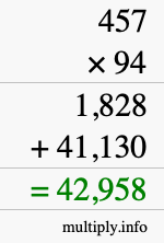 How to calculate 457 times 94 using long multiplication