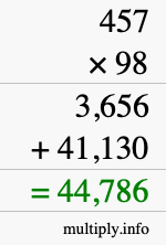 How to calculate 457 times 98 using long multiplication