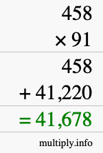 How to calculate 458 times 91 using long multiplication