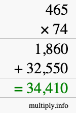 How to calculate 465 times 74 using long multiplication