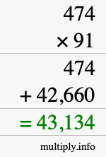 How to calculate 474 times 91 using long multiplication