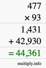 How to calculate 477 times 93 using long multiplication