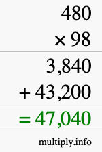 How to calculate 480 times 98 using long multiplication