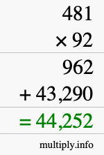 How to calculate 481 times 92 using long multiplication