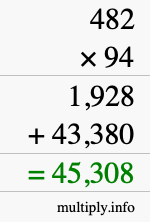 How to calculate 482 times 94 using long multiplication