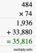 How to calculate 484 times 74 using long multiplication