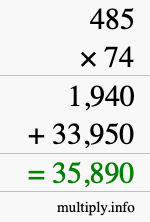 How to calculate 485 times 74 using long multiplication