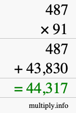 How to calculate 487 times 91 using long multiplication