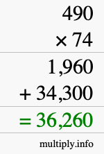 How to calculate 490 times 74 using long multiplication