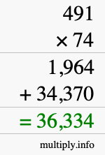 How to calculate 491 times 74 using long multiplication