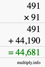 How to calculate 491 times 91 using long multiplication
