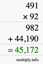 How to calculate 491 times 92 using long multiplication