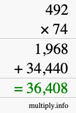 How to calculate 492 times 74 using long multiplication