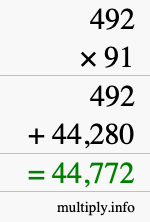 How to calculate 492 times 91 using long multiplication