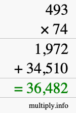 How to calculate 493 times 74 using long multiplication