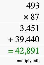 How to calculate 493 times 87 using long multiplication