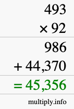 How to calculate 493 times 92 using long multiplication