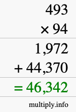 How to calculate 493 times 94 using long multiplication